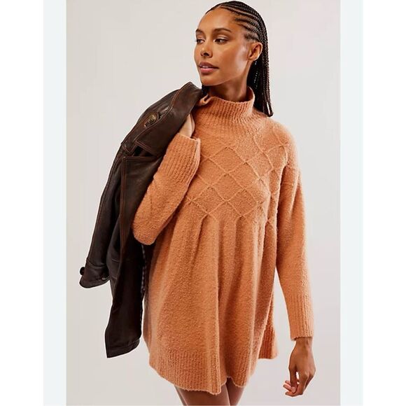 Free People Jaci Sweater Dress S Long Sleeve Mock Neck Knit Textured Wool “Doe” - Picture 1 of 16